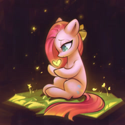 Size: 1814x1814 | Tagged: safe, artist:mirroredsea, character:pinkamena diane pie, character:pinkie pie, species:earth pony, species:pony, g4, butterfly, sitting, solo