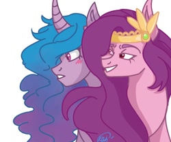Size: 1200x1000 | Tagged: safe, artist:kaifeather, artist:weareallmadout, character:izzy moonbow, character:pipp petals, species:pegasus, species:pony, species:unicorn, ship:pippbow, g5, blushing, bust, circlet, female, flirting, gradient hair, horn pattern, lesbian, lidded eyes, long mane, mare, pipp wings, shipping, signature, simple background, smiling, smirk, white background