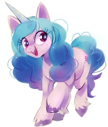 Size: 902x1069 | Tagged: safe, artist:pkbunny, character:izzy moonbow, species:pony, species:unicorn, g5, cutie mark, gradient hair, horn pattern, izzybetes, open mouth, raised hoof, simple background, smiling, solo, unshorn fetlocks, white background