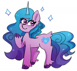 Size: 1962x1830 | Tagged: safe, artist:emera33, character:izzy moonbow, species:pony, species:unicorn, g5, cutie mark, gradient hair, horn pattern, raised hoof, simple background, solo, sparkles, tail fluff, unshorn fetlocks, white background