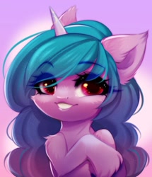 Size: 800x929 | Tagged: safe, artist:cabbage-arts, character:izzy moonbow, species:pony, species:unicorn, g5, bust, ear fluff, gradient hair, horn pattern, izzybetes, shoulder fluff, simple background, smiling, solo, toothy grin, unshorn fetlocks