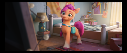 Size: 970x406 | Tagged: safe, screencap, character:sunny starscout, species:earth pony, species:pony, g5, my little pony: a new generation, my little pony: the movie (2021), 3d, bag, bed, bedroom, braid, coat markings, cutie mark, generation leap, poster, room, socks (coat marking), solo, sunnybetes, unshorn fetlocks