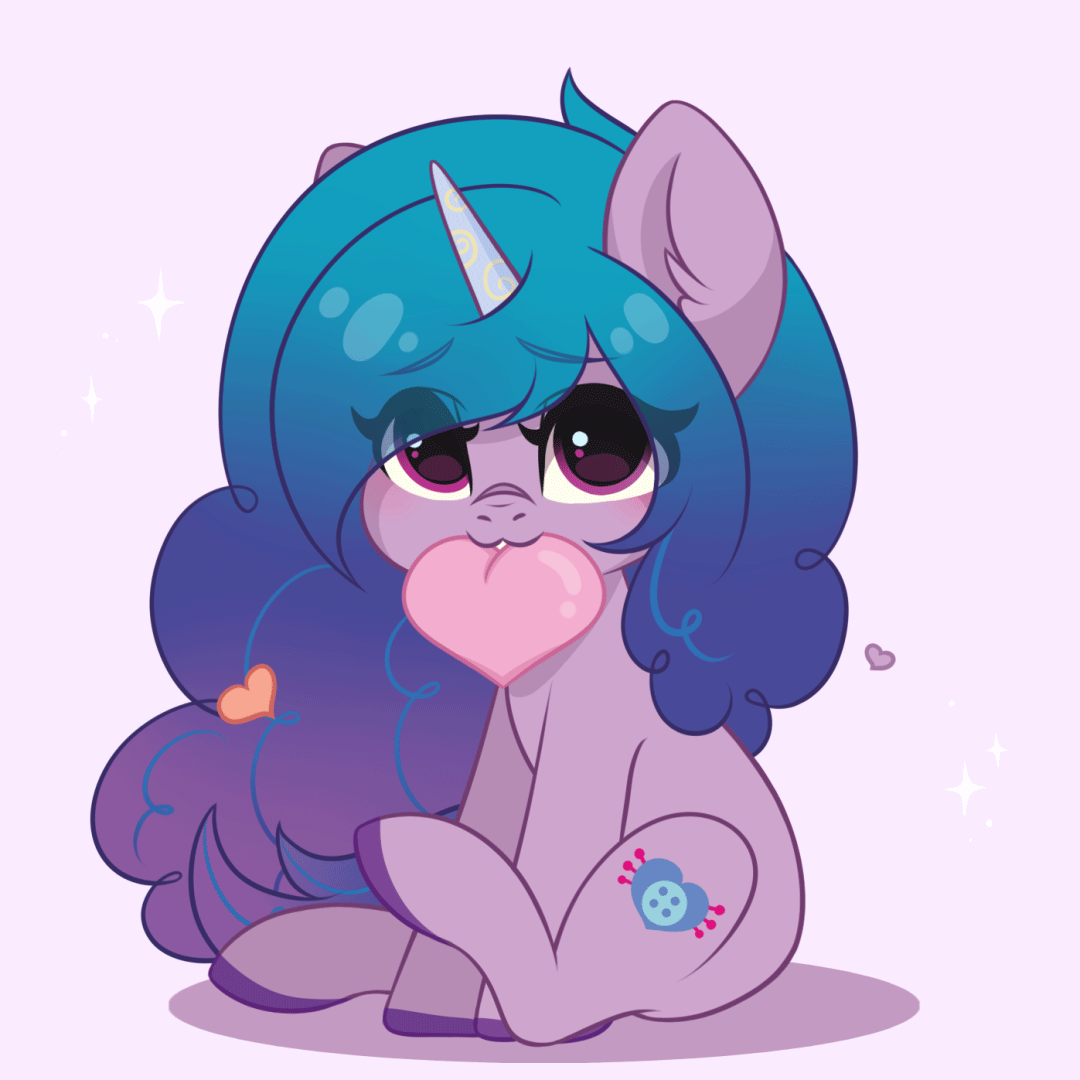 Size: 1080x1080 | Tagged: safe, artist:yourmeow, character:izzy moonbow, species:pony, species:unicorn, g5, animated, cutie mark, ear fluff, gif, gradient hair, heart, horn pattern, izzybetes, looking at you, mouth hold, simple background, sitting, solo, tail wag
