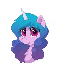 Size: 1240x1596 | Tagged: safe, artist:mercurysparkle, character:izzy moonbow, species:pony, species:unicorn, g5, bust, chest fluff, gradient hair, horn pattern, simple background, smiling, solo, white background