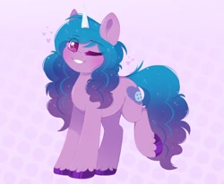 Size: 2048x1690 | Tagged: safe, artist:adostume, character:izzy moonbow, species:pony, species:unicorn, g5, cutie mark, gradient hair, horn pattern, izzybetes, simple background, solo, unshorn fetlocks, wink