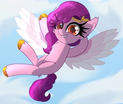 Size: 4096x3477 | Tagged: safe, artist:windykirin, character:pipp petals, species:pegasus, species:pony, g5, chest fluff, circlet, cloud, flying, pipp wings, sky, solo, spread wings, unshorn fetlocks, wings