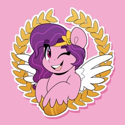 Size: 2048x2048 | Tagged: safe, artist:partylikeanartist, character:pipp petals, species:pegasus, species:pony, g5, adorapipp, bust, circlet, cute, laurel wreath, pipp wings, simple background, smiling, solo, spread wings, unshorn fetlocks, wings, wink