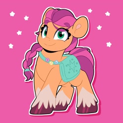 Size: 2048x2048 | Tagged: safe, artist:partylikeanartist, character:sunny starscout, species:earth pony, species:pony, g5, bag, braid, coat markings, simple background, socks (coat marking), solo, sunnybetes, unshorn fetlocks