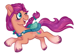 Size: 900x653 | Tagged: safe, artist:computerstickman, character:sunny starscout, species:earth pony, species:pony, g5, bag, braid, coat markings, cutie mark, galloping, looking back, simple background, socks (coat marking), solo, transparent background, unshorn fetlocks