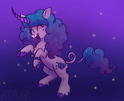 Size: 1280x1048 | Tagged: safe, artist:ypuos, character:izzy moonbow, species:classical unicorn, species:pony, species:unicorn, g5, bracelet, cutie mark, gradient hair, rearing, simple background, solo, unshorn fetlocks