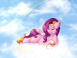 Size: 1024x768 | Tagged: safe, artist:delfinaluther, character:pipp petals, species:pegasus, species:pony, g5, circlet, cloud, cutie mark, eyes closed, lounging, lying down, lying on a cloud, pipp wings, rainbow, sky, smiling, solo, unshorn fetlocks