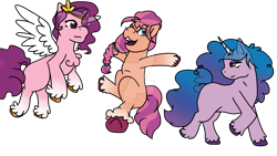 Size: 1280x720 | Tagged: safe, artist:mothermossy, character:izzy moonbow, character:pipp petals, character:sunny starscout, species:earth pony, species:pegasus, species:pony, species:unicorn, g5, blank flank, braid, chest fluff, circlet, coat markings, gradient hair, horn pattern, pipp wings, simple background, socks (coat marking), transparent background, unshorn fetlocks