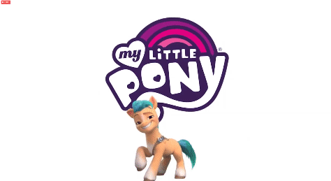 Size: 474x259 | Tagged: safe, screencap, character:izzy moonbow, character:sunny starscout, species:earth pony, species:pony, species:unicorn, g5, my little pony: a new generation, my little pony: the movie (2021), animated, female, gif, gradient hair, horn pattern, logo, male, mare, my little pony logo, simple background, stallion, white background