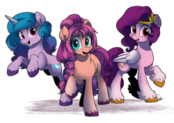Size: 1024x725 | Tagged: safe, artist:dormin-dim, character:izzy moonbow, character:pipp petals, character:sunny starscout, species:earth pony, species:pegasus, species:pony, species:unicorn, g5, braid, circlet, coat markings, cutie mark, gradient hair, horn pattern, pipp wings, simple background, socks (coat marking), transparent background, unshorn fetlocks