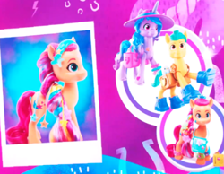 Size: 500x387 | Tagged: safe, character:izzy moonbow, character:sunny starscout, species:earth pony, species:pony, species:unicorn, g5, female, gradient hair, horn pattern, irl, male, mare, stallion, toy