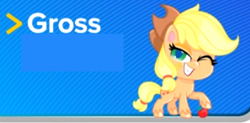 Size: 340x167 | Tagged: safe, character:applejack, species:earth pony, species:pony, g4.5, chibi, gross, hasbro investor event, meme, reaction image, solo