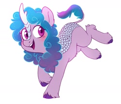 Size: 1819x1567 | Tagged: safe, artist:pucksterv, character:izzy moonbow, species:kirin, g5, blushing, cloven hooves, colored hooves, cute, female, g5 to g4, gradient hair, hooves, horn pattern, izzybetes, jumping, kirin-ified, looking sideways, simple background, solo, species swap, three quarter view, transparent background, unshorn fetlocks, white background