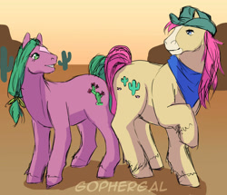 Size: 1280x1099 | Tagged: safe, artist:flyinggopher45686, character:tex (g1), species:earth pony, species:pony, g1, g3, desert blossom, duo, headcanon, siblings