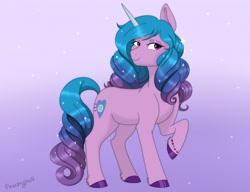 Size: 2600x2000 | Tagged: safe, artist:peachyloaf, character:izzy moonbow, species:pony, species:unicorn, g5, bracelet, cutie mark, gradient hair, head turn, horn pattern, raised hoof, simple background, solo, sparkles