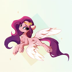 Size: 1840x1840 | Tagged: safe, artist:aureai, character:pipp petals, species:pegasus, species:pony, g5, chest fluff, circlet, flying, pipp wings, simple background, solo, spread wings, unshorn fetlocks, wings