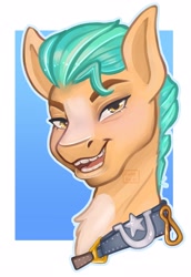 Size: 2503x3634 | Tagged: safe, artist:funkyfurs, character:hitch trailblazer, species:earth pony, species:pony, g5, abstract background, blaze (coat marking), bust, chest fluff, coat markings, colt, high res, human teeth, looking at you, male, open mouth, portrait, simple background, solo, stallion, teeth