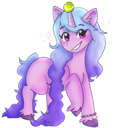 Size: 800x800 | Tagged: safe, artist:beffumsartworks, character:izzy moonbow, species:pony, species:unicorn, g5, bracelet, childproof horn, gradient hair, horn pattern, simple background, sparkles, tennis ball, unshorn fetlocks, white background