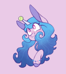 Size: 1423x1585 | Tagged: safe, artist:glowfangs, character:izzy moonbow, species:pony, species:unicorn, g5, big ears, bracelet, bust, childproof horn, gradient hair, horn pattern, izzybetes, simple background, solo, tennis ball, unshorn fetlocks