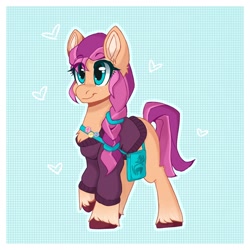 Size: 2000x2000 | Tagged: safe, artist:littledreamycat, character:sunny starscout, species:earth pony, species:pony, g5, bag, braid, chest fluff, clothing, ear fluff, hearts, simple background, solo, sunnybetes, sweater, unshorn fetlocks