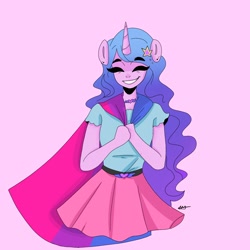 Size: 2048x2048 | Tagged: safe, alternate version, artist:enbystarly, part of a set, character:izzy moonbow, species:anthro, g5, bisexual, bisexual pride flag, bust, clothing, gradient hair, horn, horn pattern, pride flag, simple background, skirt, smiling, solo