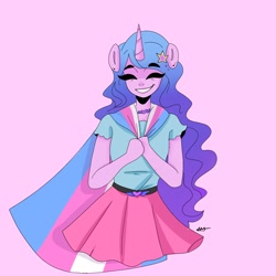 Size: 2048x2048 | Tagged: safe, alternate version, artist:enbystarly, part of a set, character:izzy moonbow, species:anthro, g5, bust, clothing, eyes closed, female, gradient hair, horn pattern, pride flag, simple background, skirt, smiling, solo, trans female, transgender, transgender pride flag