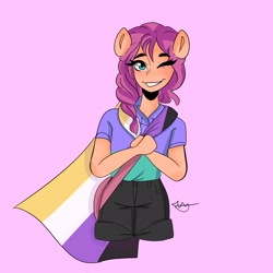 Size: 2048x2048 | Tagged: safe, alternate version, artist:enbystarly, part of a set, character:sunny starscout, species:anthro, species:earth pony, species:pony, g5, braid, bust, clothing, nonbinary, nonbinary pride flag, pride flag, shorts, simple background, smiling, solo, tshir