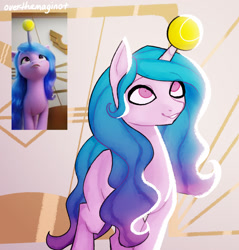 Size: 1280x1339 | Tagged: safe, artist:overthemaginot, character:izzy moonbow, species:pony, species:unicorn, g5, blank flank, childproof horn, gradient hair, horn pattern, izzybetes, lighting, looking up, solo, tennis ball