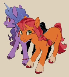 Size: 1767x1985 | Tagged: safe, artist:amphoera, character:izzy moonbow, character:sunny starscout, species:earth pony, species:pony, species:unicorn, g5, blank flank, bracelet, braid, coat markings, gradient hair, horn pattern, simple background, socks (coat marking), sunnybetes, unshorn fetlocks, white background