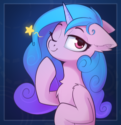 Size: 636x661 | Tagged: safe, artist:anti1mozg, character:izzy moonbow, species:pony, species:unicorn, g5, bust, chest fluff, cute, ear fluff, gradient hair, horn pattern, raised hoof, simple background, solo, wink