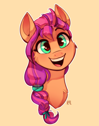 Size: 1707x2182 | Tagged: safe, artist:kaleido-art, character:sunny starscout, species:earth pony, species:pony, g5, braid, bust, cheek fluff, female, mare, open mouth, open smile, simple background, smiling, solo, sunnybetes