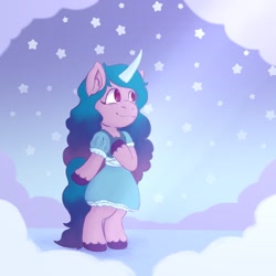 Size: 1080x1080 | Tagged: safe, artist:honiydu, character:izzy moonbow, species:pony, species:unicorn, g5, my little pony: a new generation, arm hooves, bipedal, clothing, cloud, colored hooves, cute, dress, ear fluff, female, gradient hair, hooves, horn pattern, izzybetes, mare, no pupils, semi-anthro, skirt, sky, snow, solo, standing on two hooves, stars, unshorn fetlocks