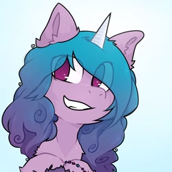Size: 1200x1200 | Tagged: safe, artist:lavafoox, character:izzy moonbow, species:pony, species:unicorn, g5, bracelet, bust, ear fluff, gradient hair, grin, horn pattern, simple background, smiling, solo, unshorn fetlocks
