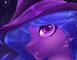 Size: 1729x1358 | Tagged: safe, artist:mazerun12086913, character:izzy moonbow, species:pony, species:unicorn, g5, bust, cheek fluff, clothing, gradient hair, hat, horn pattern, solo