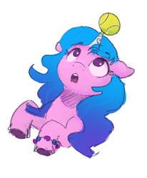 Size: 742x900 | Tagged: safe, artist:thefloatingtree, character:izzy moonbow, species:pony, species:unicorn, g5, bracelet, bust, childproof horn, gradient hair, horn pattern, izzybetes, looking up, simple background, solo, tennis ball, unshorn fetlocks, white background