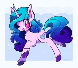 Size: 1600x1400 | Tagged: safe, artist:fluffysmolcloud, character:izzy moonbow, species:pony, species:unicorn, g5, bracelet, chest fluf, cutie mark, galloping, gradient hair, horn pattern, izzybetes, simple background, solo, unshorn fetlocks
