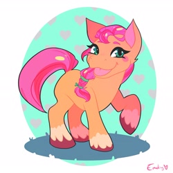 Size: 2975x2975 | Tagged: safe, artist:clown_soda, character:sunny starscout, species:earth pony, species:pony, g5, blank flank, blep, braid, coat markings, heart, raised hoof, shadow, simple background, socks (coat marking), solo, sunnybetes, tongue out, unshorn fetlocks