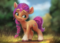 Size: 1200x850 | Tagged: safe, artist:assasinmonkey, character:sunny starscout, species:earth pony, species:pony, g5, blurred background, braid, coat markings, cutie mark, digital painting, female, grass, head tilt, looking sideways, mare, meadow, outdoors, smiling, socks (coat marking), solo, standing, sunnybetes, unshorn fetlocks