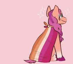 Size: 2000x1759 | Tagged: safe, artist:xdeermeatx, character:sunny starscout, species:earth pony, species:pony, g5, braid, coat markings, lesbian, lesbian pride flag, looking away, pride flag, simple background, sitting, socks (coat marking), solo, sunnybetes, unshorn fetlocks