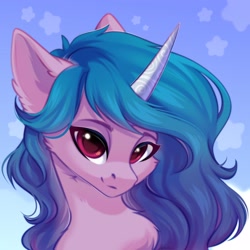Size: 2048x2048 | Tagged: safe, artist:alphadesu, character:izzy moonbow, species:pony, species:unicorn, g5, bust, chest fluff, ear fluff, gradient hair, horn pattern, simple background, solo