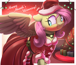 Size: 4000x3414 | Tagged: safe, artist:nookprint, character:fluttershy, species:pegasus, species:pony, g4, bell, bell collar, blushing, clothing, collar, costume, cute, hat, hearth's warming, hearth's warming tree, holiday, present, santa costume, santa hat, sleigh bells, smiling, solo, spread wings, tree, wings