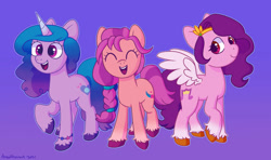 Size: 1280x756 | Tagged: safe, artist:halfrobin, character:izzy moonbow, character:pipp petals, character:sunny starscout, species:earth pony, species:pegasus, species:pony, species:unicorn, g5, adorapipp, bracelet, braid, circlet, coat markings, cute, cutie mark, gradient hair, horn pattern, pipp wings, simple background, socks (coat marking), spread wings, sunnybetes, unshorn fetlocks, wings