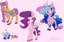 Size: 1280x854 | Tagged: safe, artist:jynsherlock, character:izzy moonbow, character:pipp petals, character:sunny starscout, species:earth pony, species:pegasus, species:pony, species:unicorn, g5, bag, blep, bracelet, circlet, cutie mark, gradient hair, horn pattern, pipp wings, simple background, tongue out, unshorn fetlocks