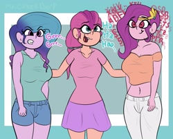 Size: 3000x2400 | Tagged: safe, artist:cakes_boi, artist:mrcakesboi, character:izzy moonbow, character:pipp petals, character:sunny starscout, species:eqg human, g5, abstract background, angry, belly button, busty izzy moonbow, busty pipp petals, busty sunny starscout, clothing, dialogue, equestria girls-ified, female, g5 to equestria girls, gradient hair, grin, high res, horn pattern, midriff, open mouth, pants, pipp wings, shirt, short shirt, shorts, skirt, smiling, species swap, t-shirt, top, trio