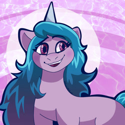 Size: 1280x1280 | Tagged: safe, artist:mossymeteor, character:izzy moonbow, species:pony, species:unicorn, g5, blank flank, bust, gradient hair, horn pattern, simple background, smiling, solo
