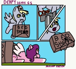 Size: 1323x1200 | Tagged: safe, artist:melodysketch, character:derpy hooves, character:pipp petals, species:pegasus, species:pony, g4, g5, art challenge, box, coat markings, comic, derpy day, derpy day 2021, female, holding, manechat challenge, mare, mouth hold, pipp wings, profile, scrunchy face, signature, socks (coat marking), text, three quarter view